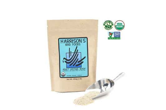 A bag of Harrison's Adult Lifetime Mash, next to a metal scoop full of the mash