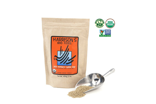 A bag of Harrison's High Potency Superfine, next to a metal scoop full of the nuggets