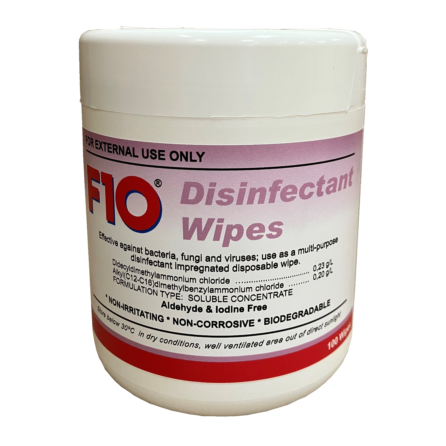 A tub of F10 Disinfectant Wipes