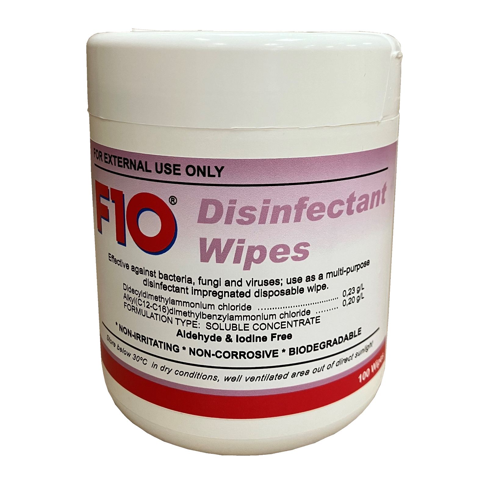 A tub of F10 Disinfectant Wipes